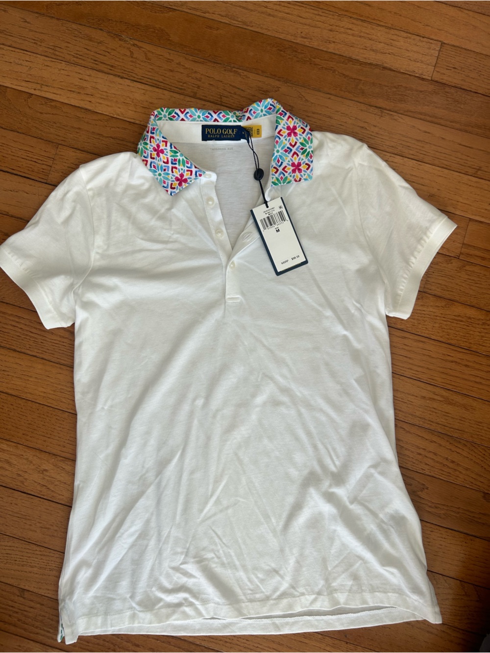 NEW Women’s Ralph Lauren Golf White Polo Shirt stretch floral Collar M